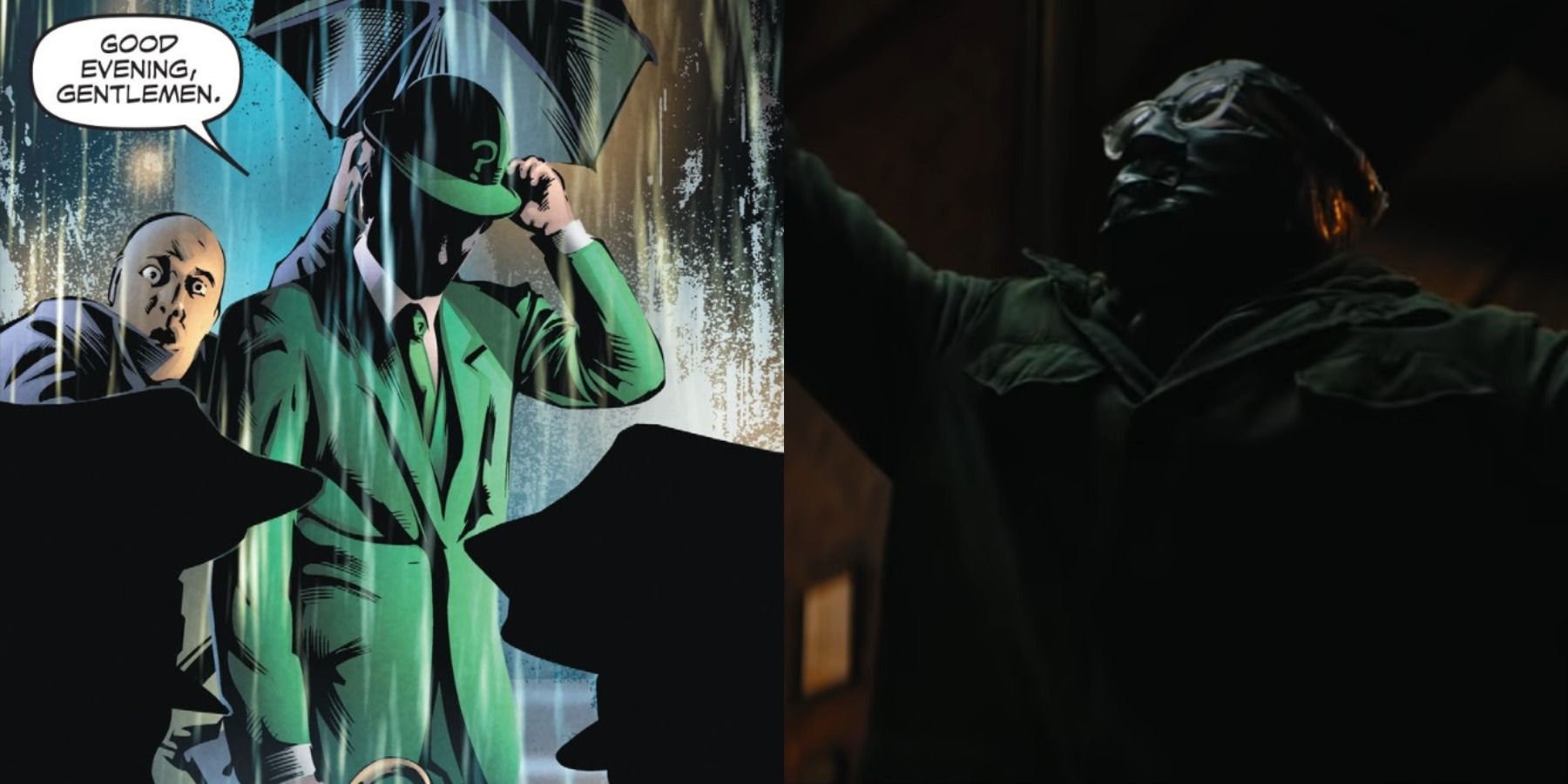 Split image of the Riddler greeting GCPD officers in Batman Arkham - The Riddler and The Riddler using duct tape on a victim in The Batman 2022