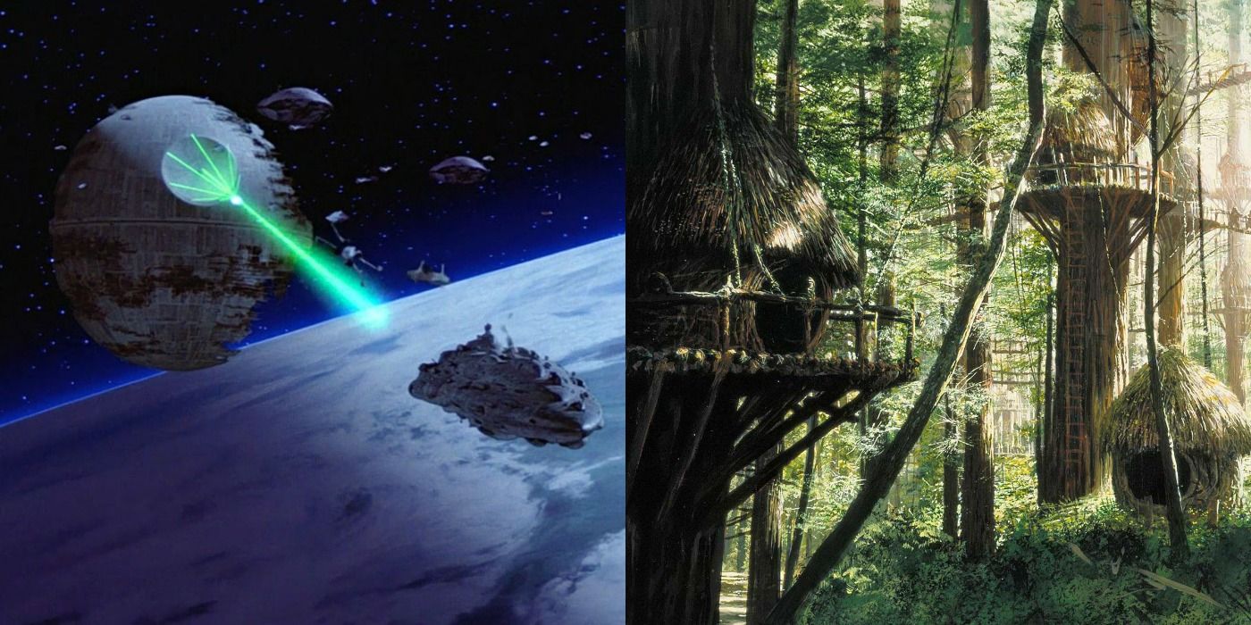 Split image of the Second Death Star & Bright Tree Village in Star Wars