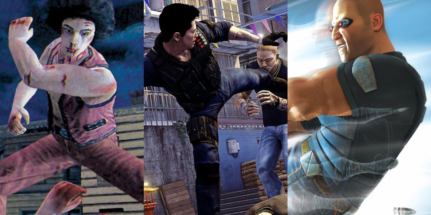 Split image of the Warriors in The Warriors, Wei Shen in Sleeping Dogs, and Cortez in Timesplitters Future Perfect