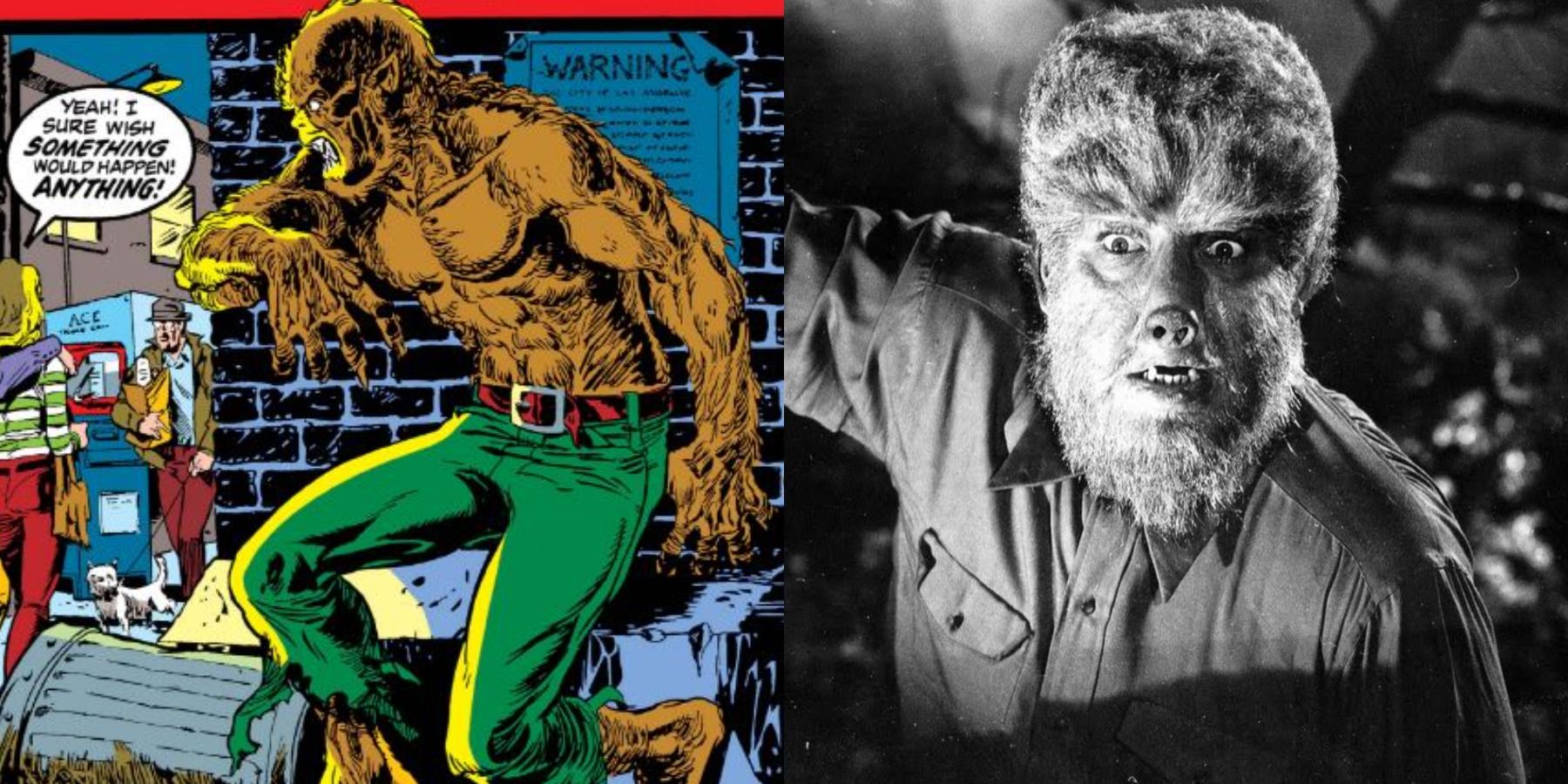 Split image of the first Werewolf By Night cover and Lawrence Talbot as the Wolf Man in The Wolfman
