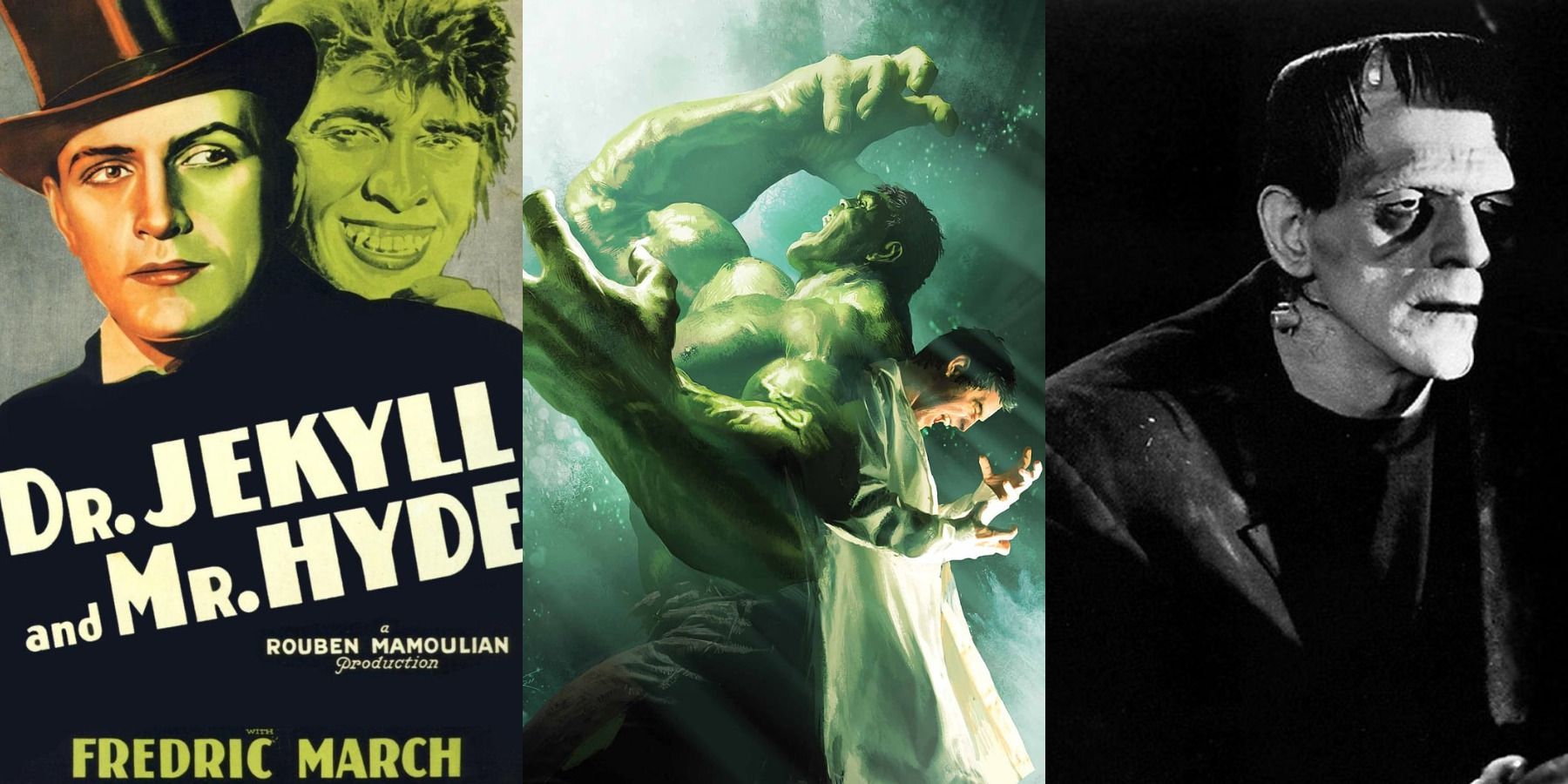 Poster for Dr. Jekyll &amp; Mr. Hyde; artwork of Hulk and Bruce Banner; &amp; Frankenstein&rsquo;s monster lurking in Frankenstein.