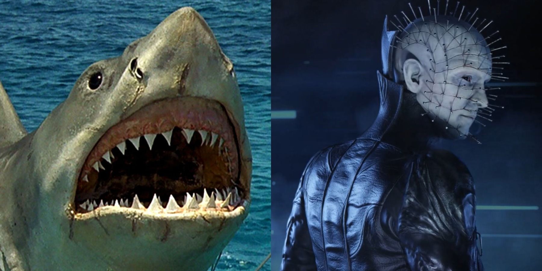 Split image of the shark lunging out of the water in Jaws The Revenge and Pinhead 3D render from Dead By Daylight