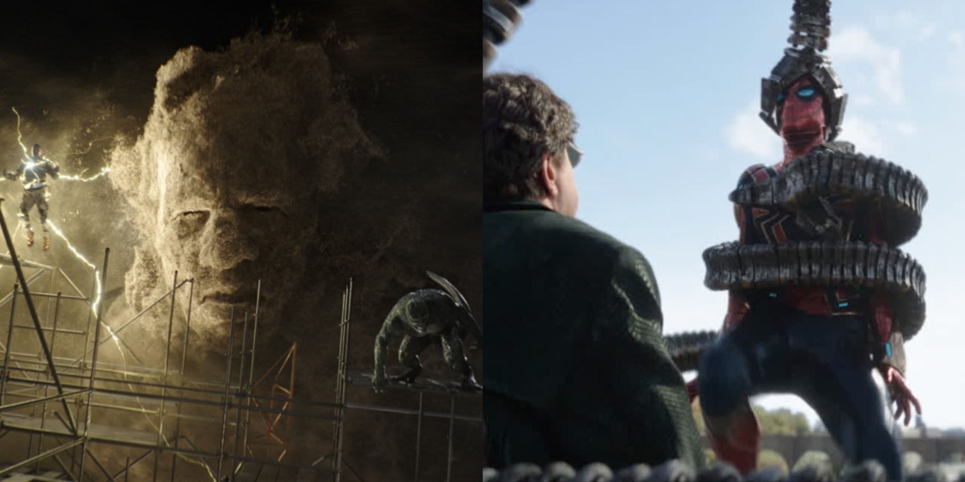 Split image of the villains at the Statue of Liberty and Doc Ock holding Spidey in Spider-Man No Way Home