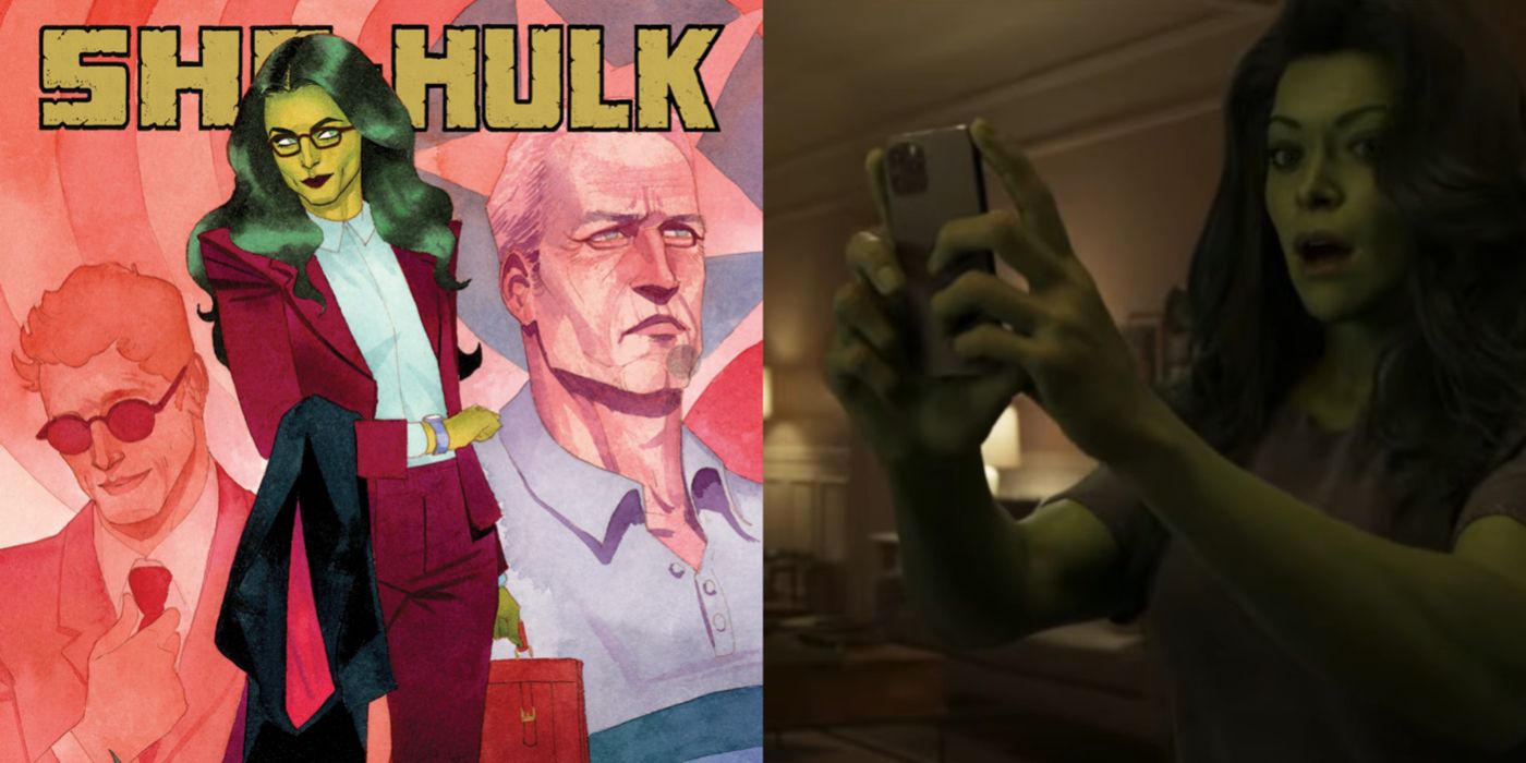 Split image showing She-Hulk in Marvel Comics and in the MCU