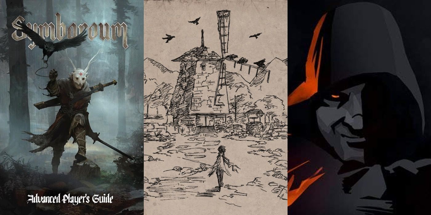 Split image showing artwork from Symbaroum, The Quiet Year, and Blades In The Dark TTRPGs