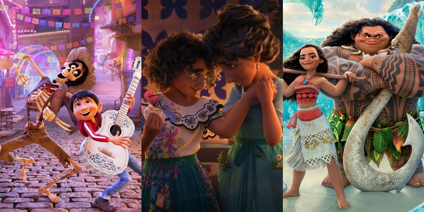 Split images from Coco, Encanto, and Moana