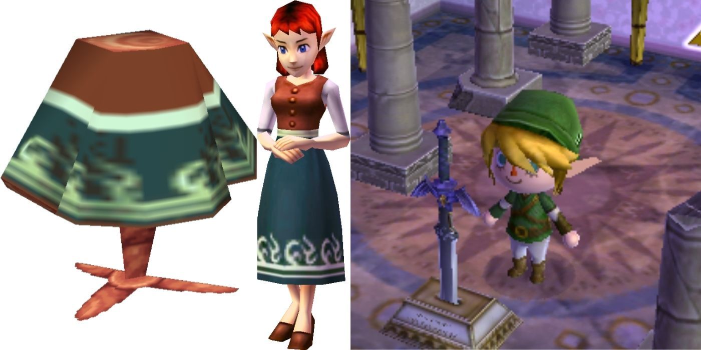 Split images of Anju's skirt and Anju from Legend of Zelda and Link standing in front of the Master Sword in Animal Crossing