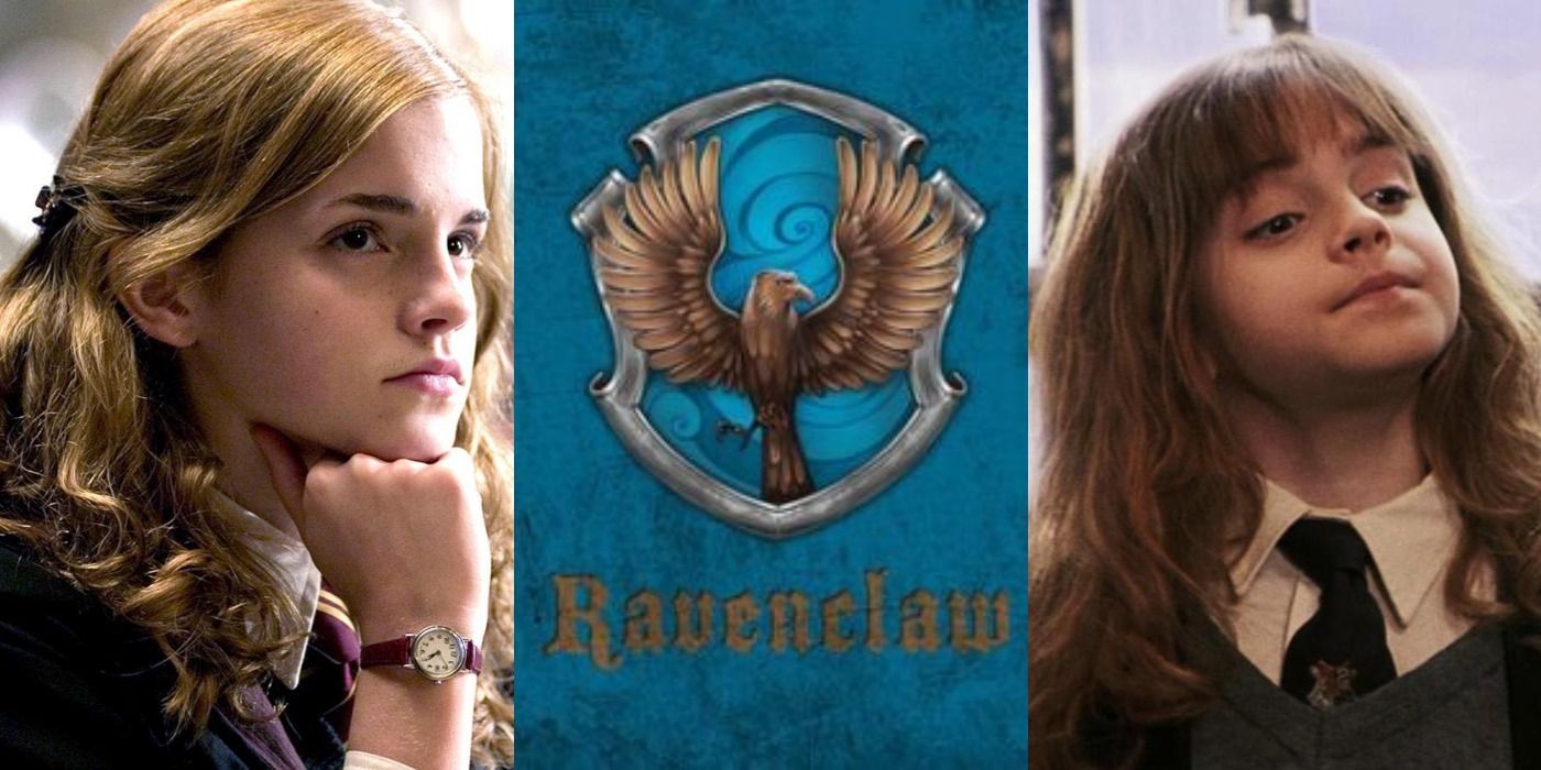 Split images of Hermione looking smart and the Ravenclaw crest in Harry Potter