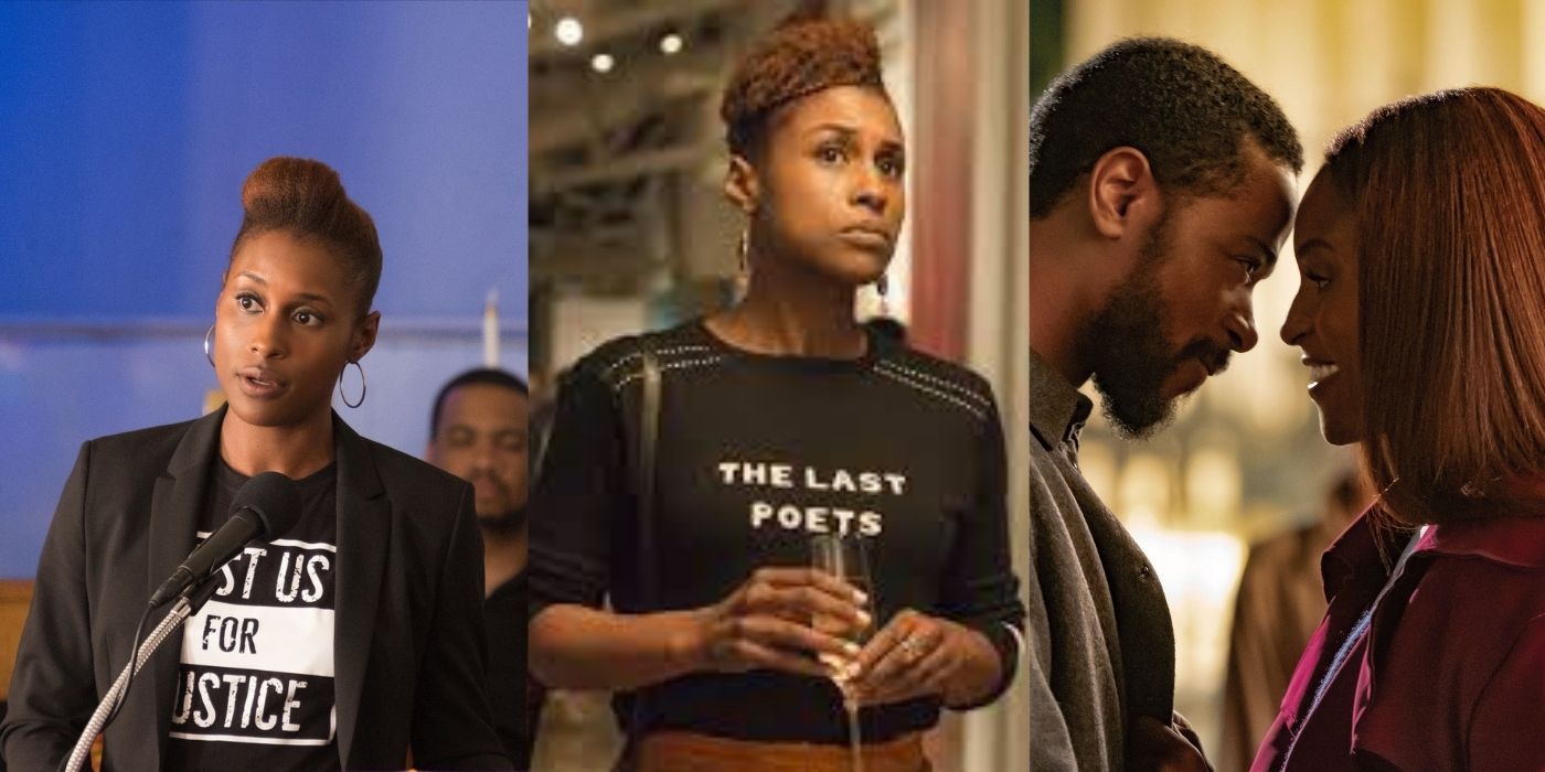 Split images of Issa Rae in The Hate U Give, Insecure, and The Photograph