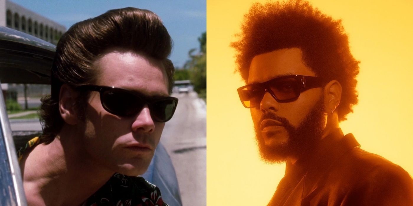 Split images of Jim Carrey looking outside of a car as Ace Ventura and The Weeknd wearing sunglasses