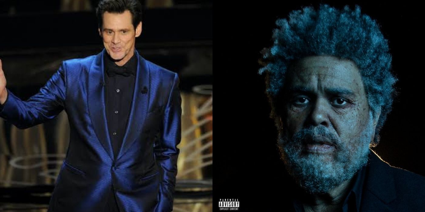 Two side by side images of Jim Carrey and The Weeknd.