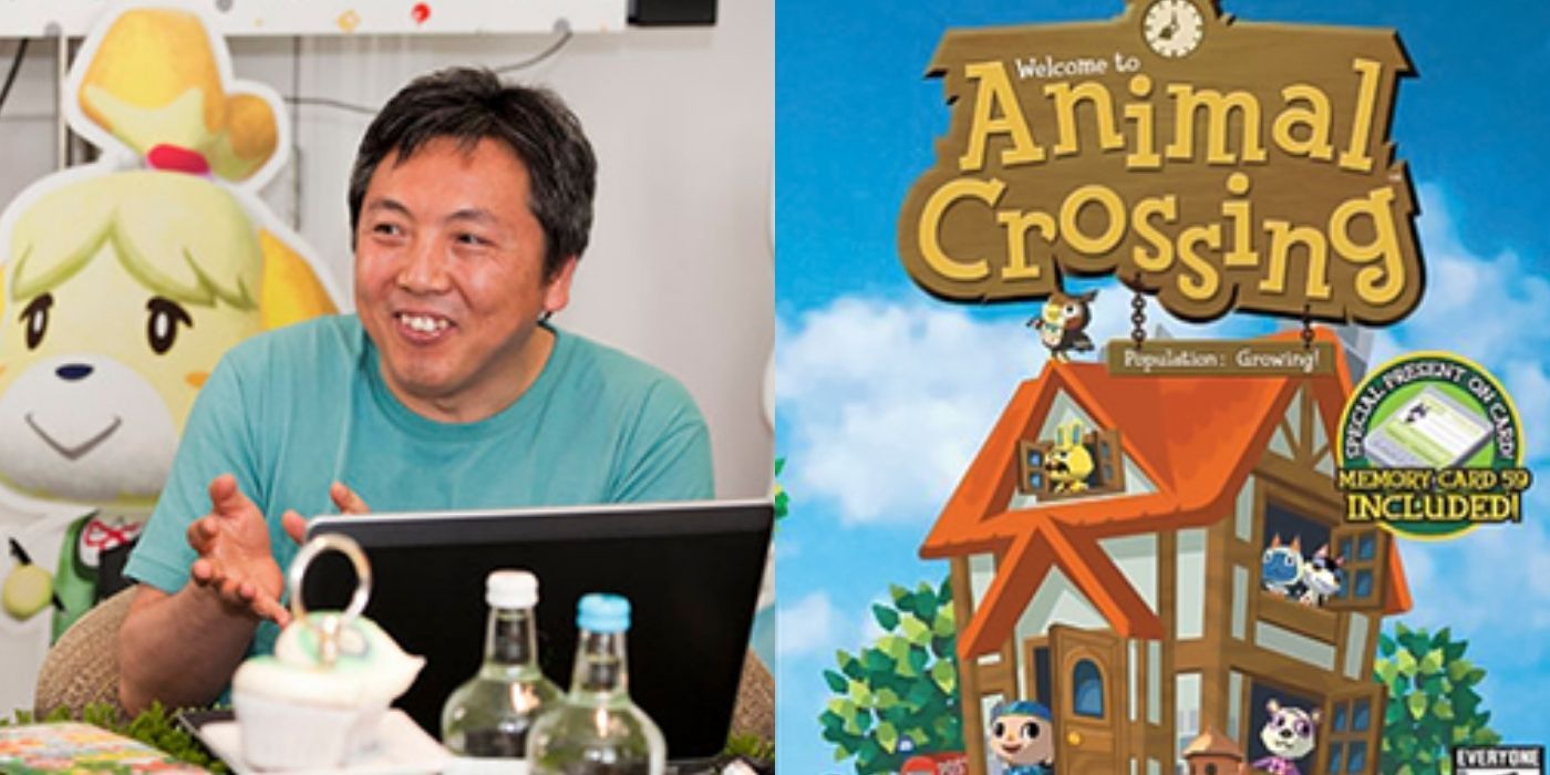 Split images of Katsuya Eguchi smiling in front of a laptop and the cover art for Animal Crossing