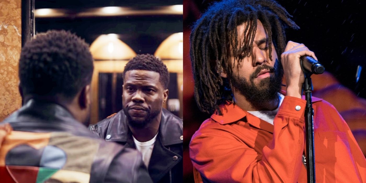 Split images of Kevin Hart looking at his mirror reflection in Kevin's Hart and J Cole performing on stage