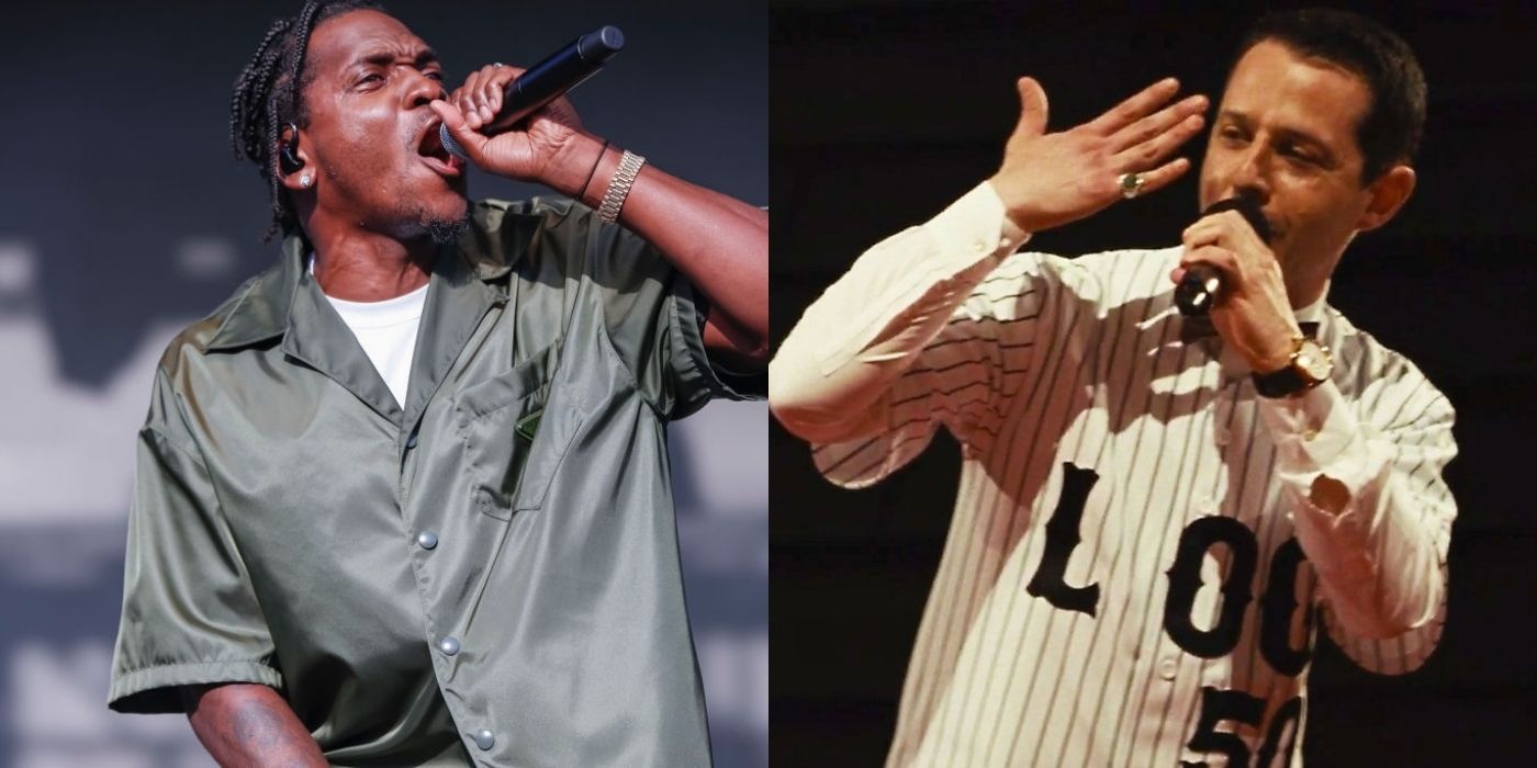Split images of Pusha T and Kendall Roy rapping on stage