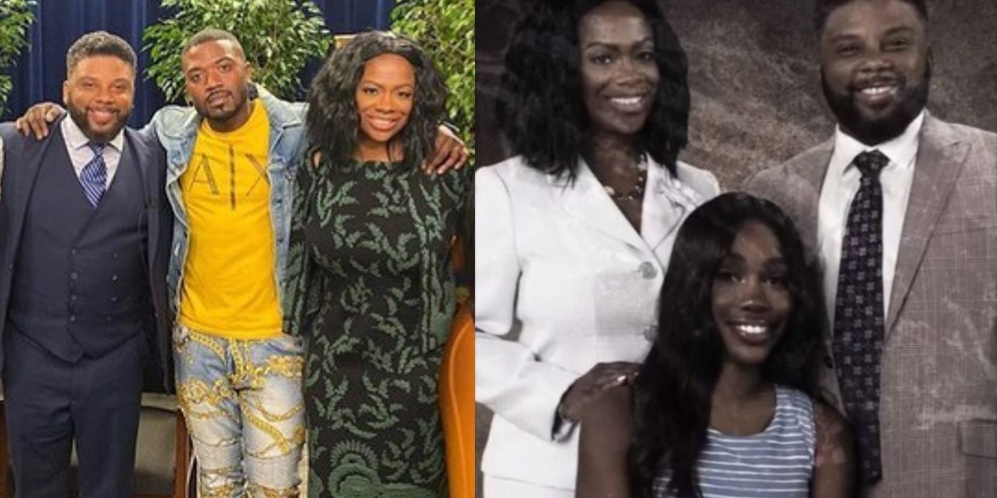 Split images of Ray J with the cast of Looking for LaToya and and image of LaToya with her parents in Insecure