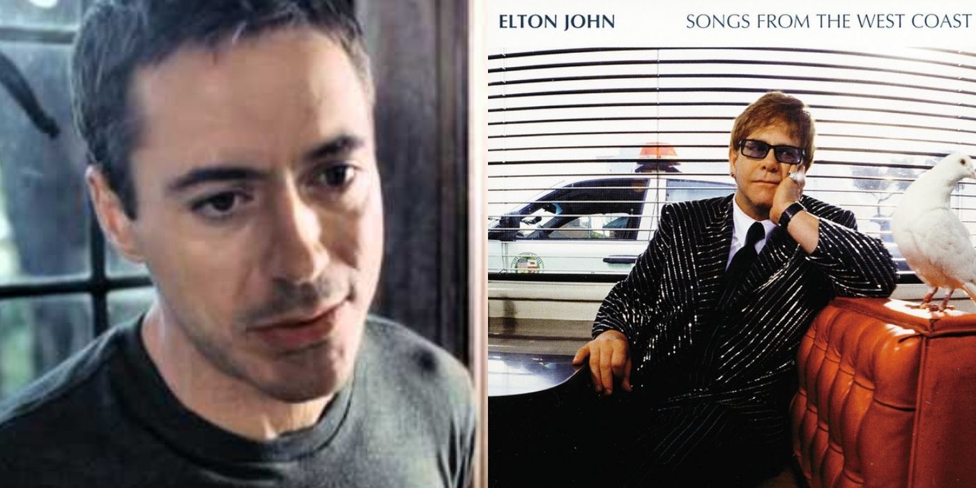 Split images of Robert Downey Jr in the video for I Want Love and Elton John's album cover of Songs from the West Coast