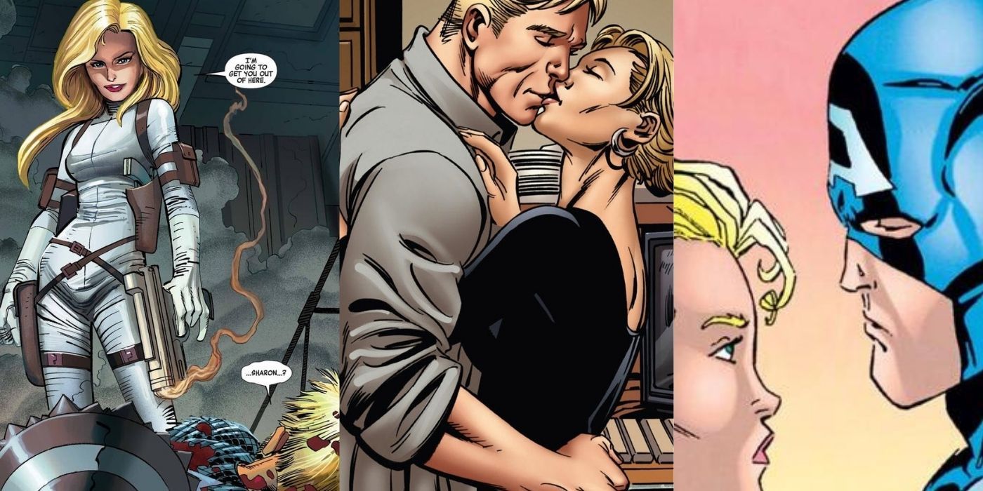 Split images of Sharon Carter and Captain America in comics