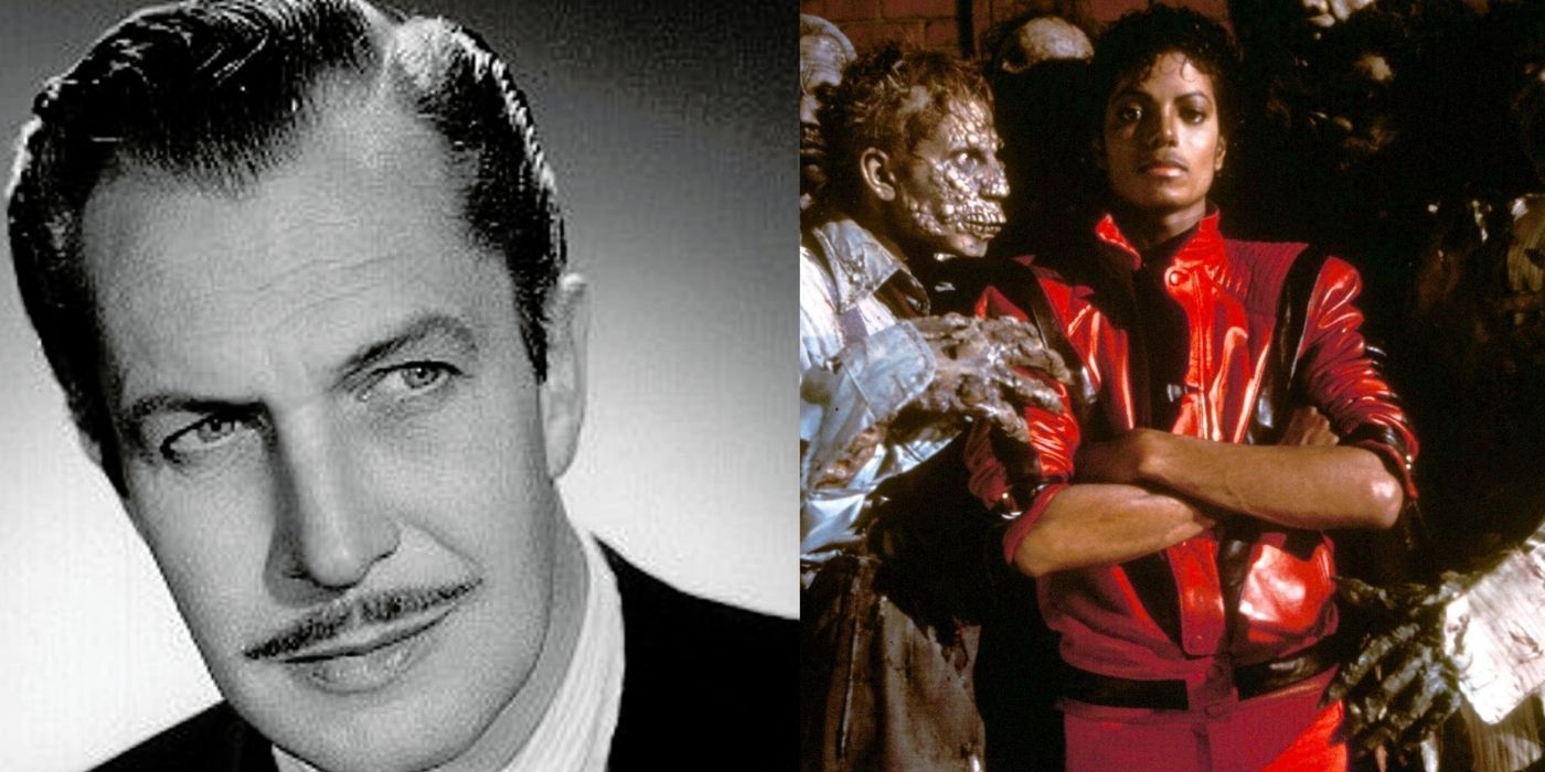 Split images of Vincent Price and a still from Michael Jackson's Thriller video 