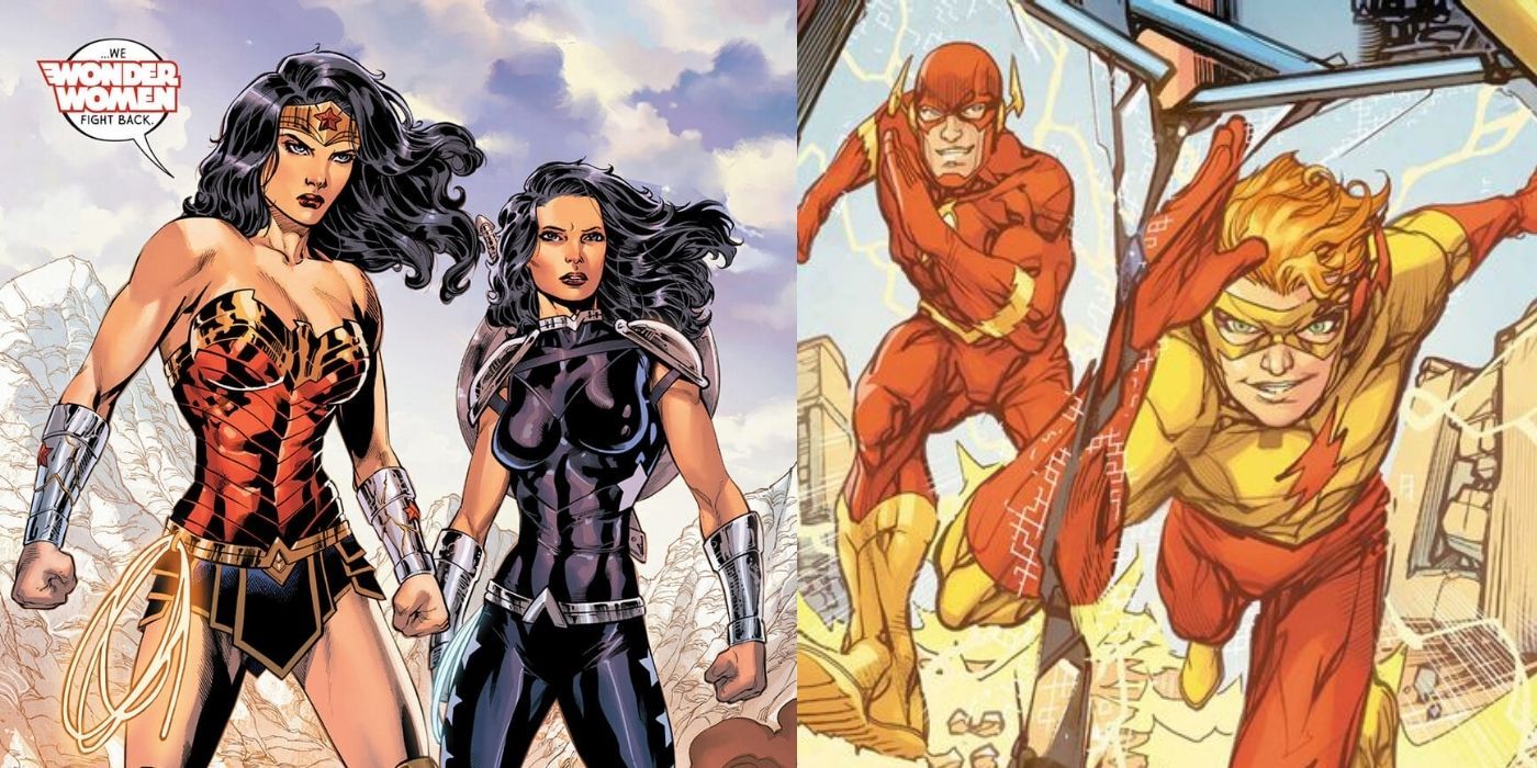 Split images of Wonder Woman standing with Donna Troy and The Flash running with Impulse