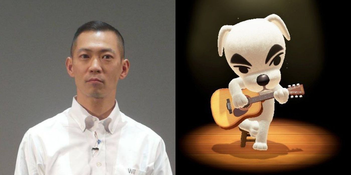 Split images of a composer Kazuki Totaka and KK Slider playing a guitar in Animal Crossing