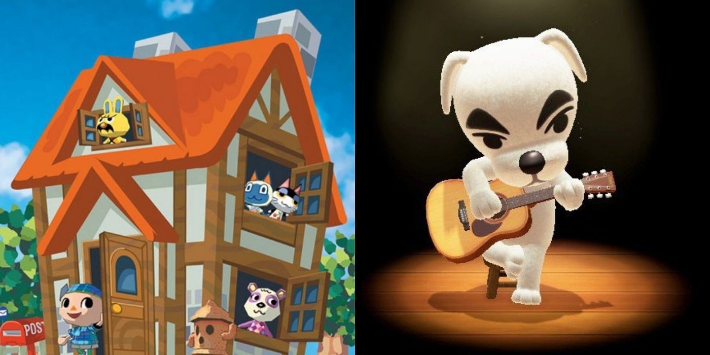 Split images of a house full of Animal Crossings characters and KK Slider playing a guitar in Animal Crossing