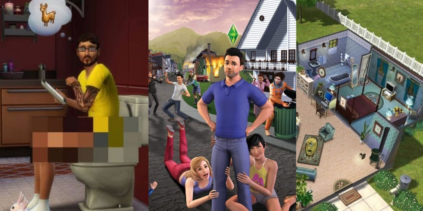 Split images of gameplay elements from The Sims