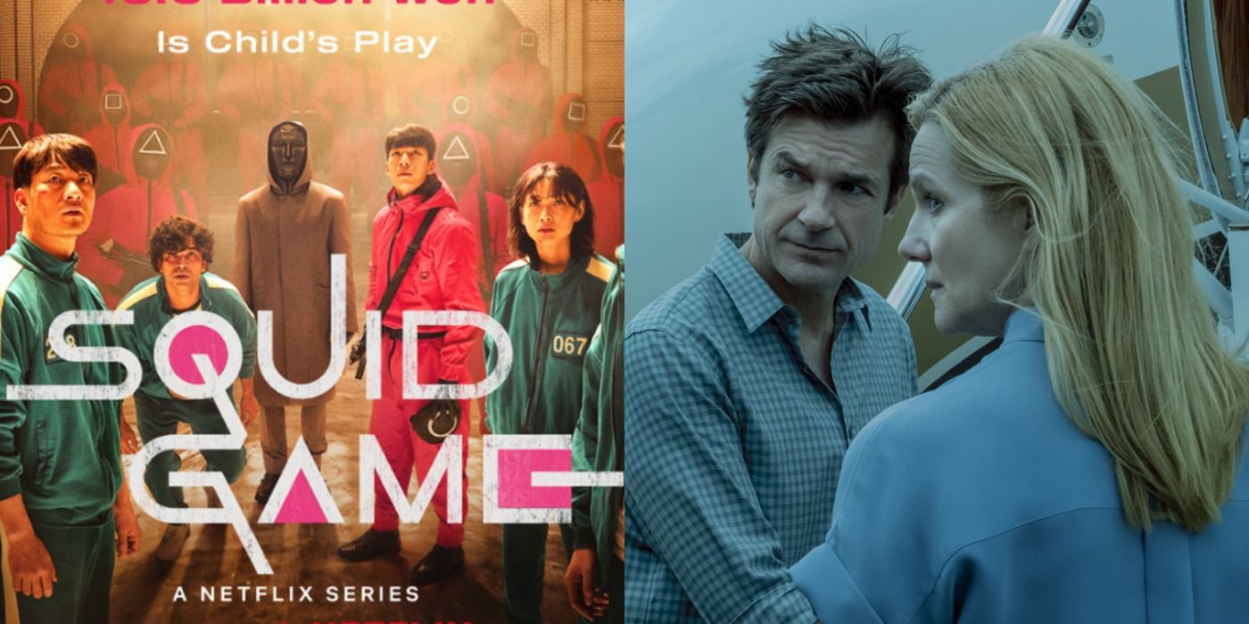 A split image showing the Squid Game poster and Marty and Wendy from Ozark.