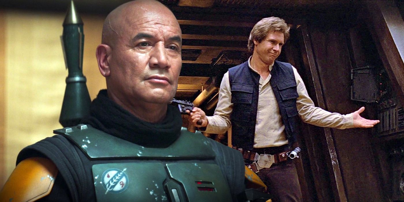 Split image of Boba Fett from The Book of Boba Fett and Han Solo from Return of the Jedi.