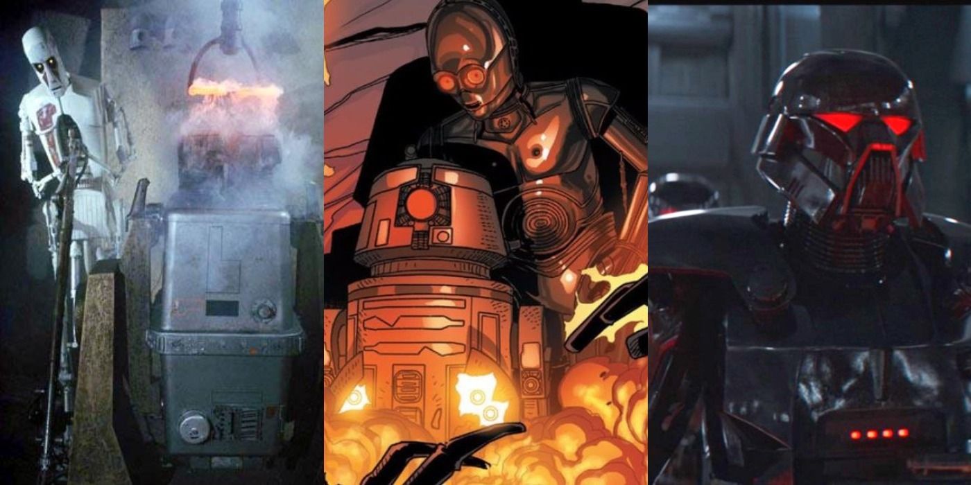 Split image of 8-D8, 000 and BT-1, and Dark Trooper from Star Wars.