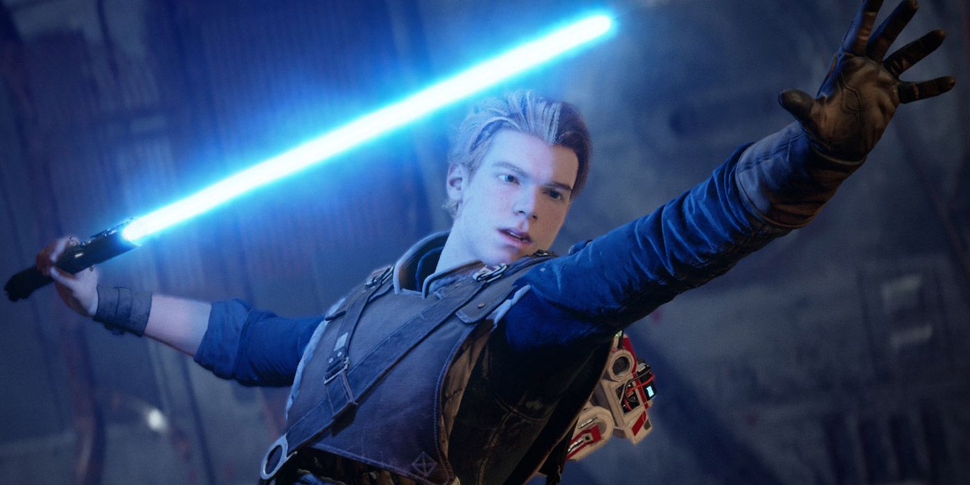 Cal Kestis wielding his lightsaber and jumping in Star Wars Jedi: Fallen Order