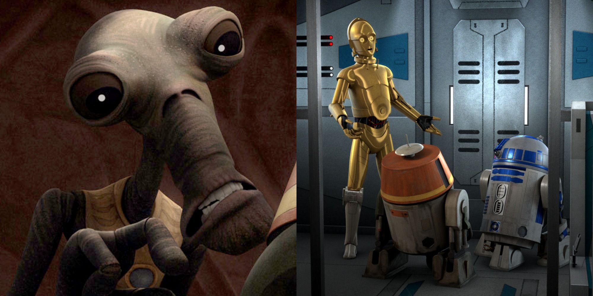 Split image showing Klik Klak and C3PO and R2D2 in Star Wars Rebels