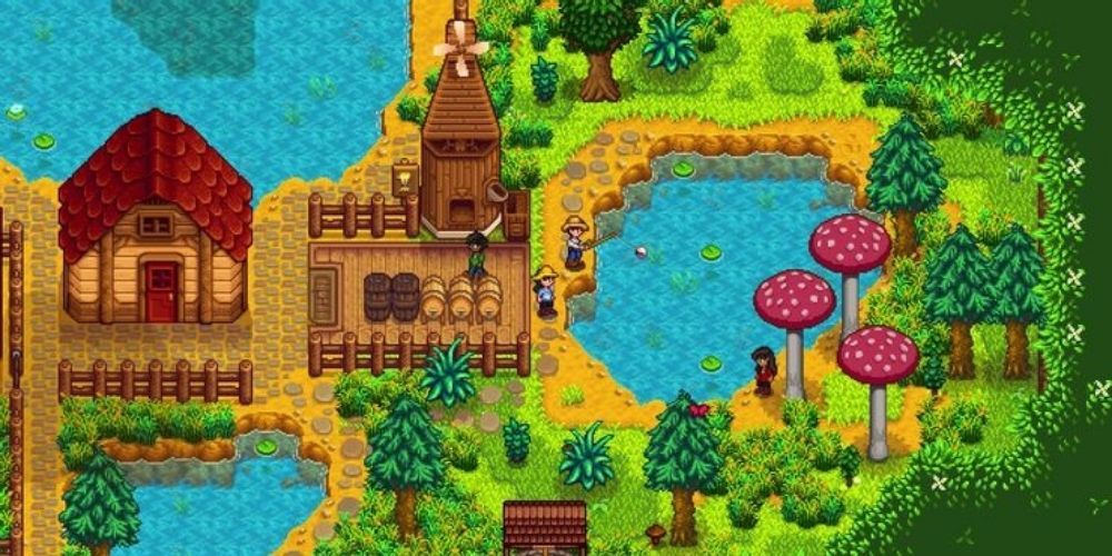 The retro-looking wilderness and houses of Stardew Valley pop with color
