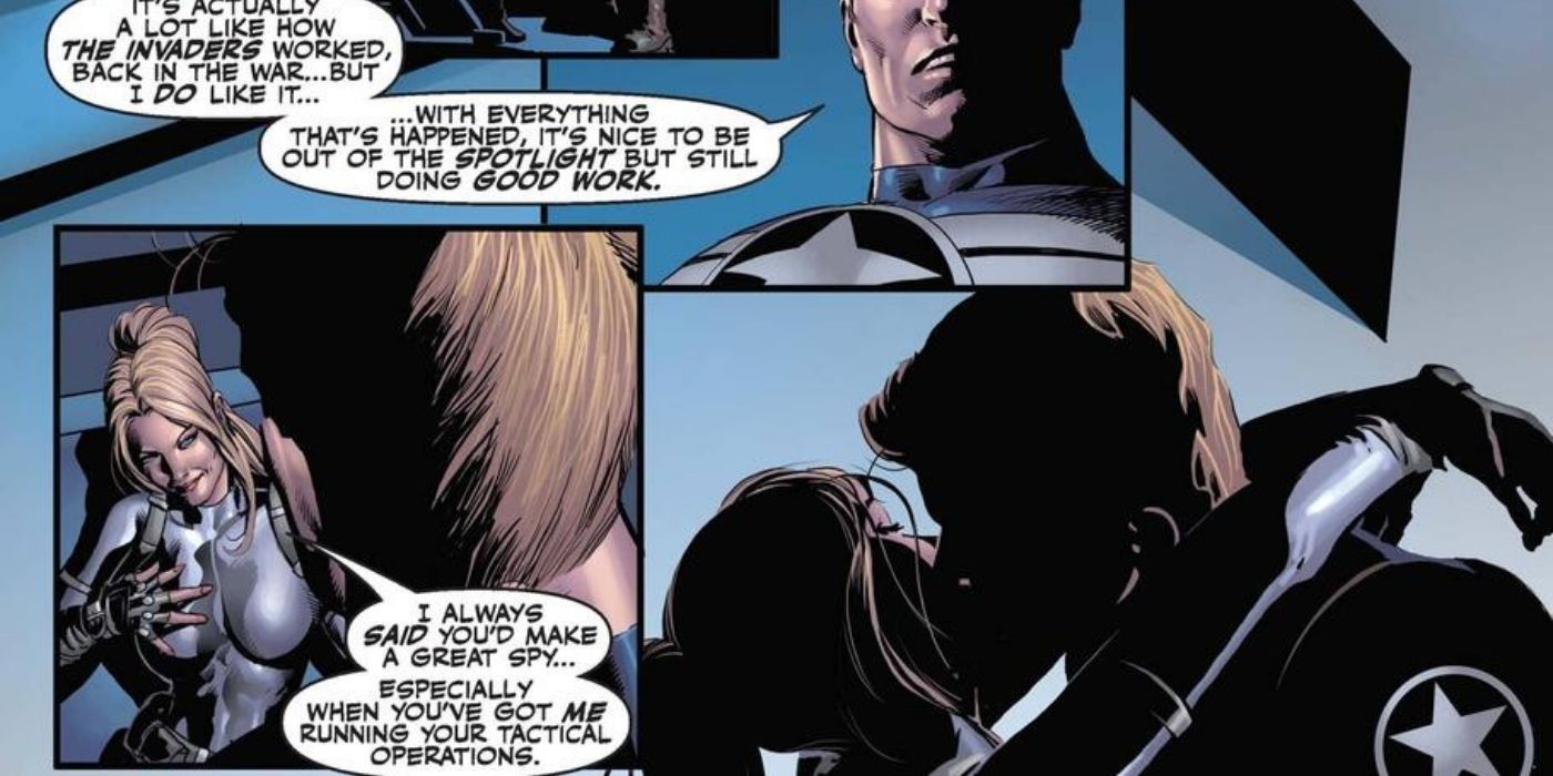 Steve Rogers and Sharon Carter talking and kissing each other in Secret Avengers