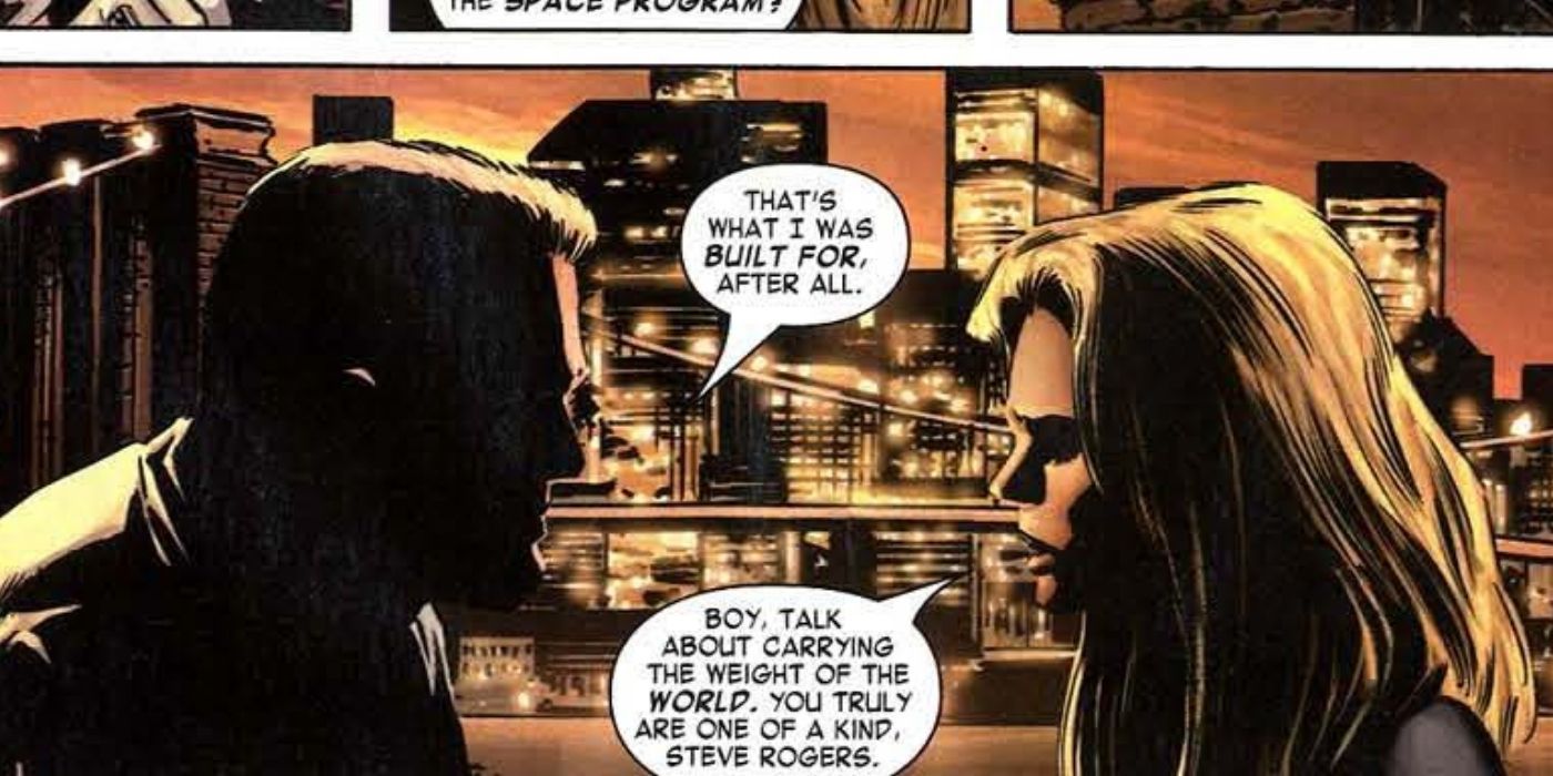 Steve Rogers and Sharon Carter talking to each other against a bridge in a Captain America comic