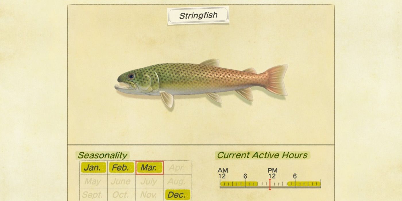 O Stringfish como visto no Animal Crossing New Horizons Critterpedia