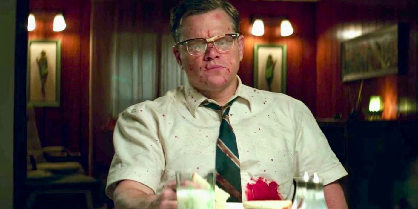 Gardner sits in a diner covered in blood in Suburbicon