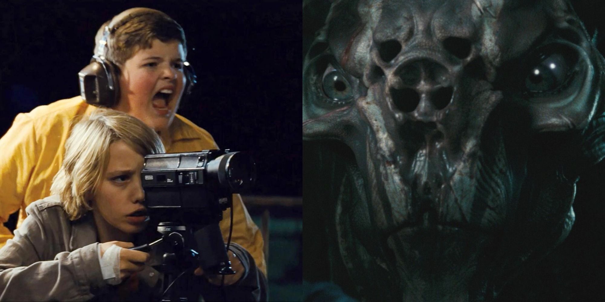 Split image of kids making a movie and the monster in Super 8