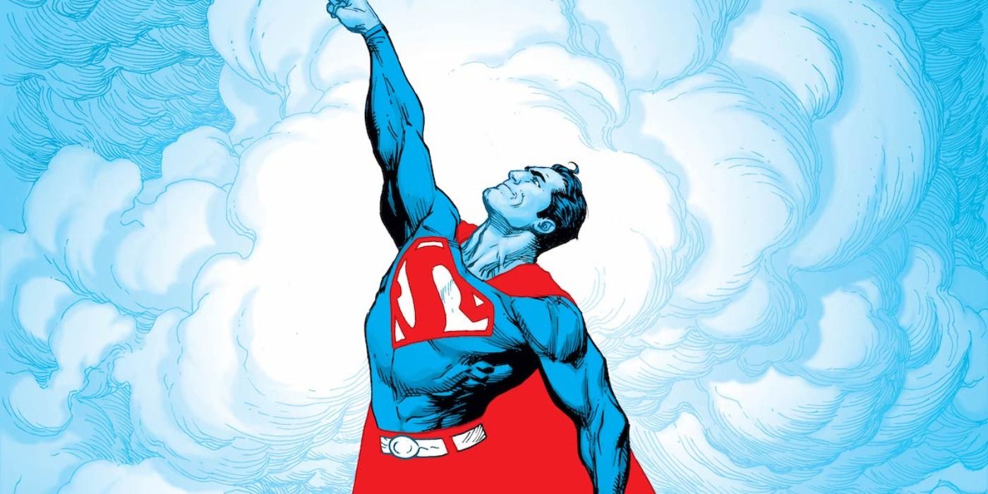 Superman soaring into the light-blue clouds in Red &amp; Blue cover art