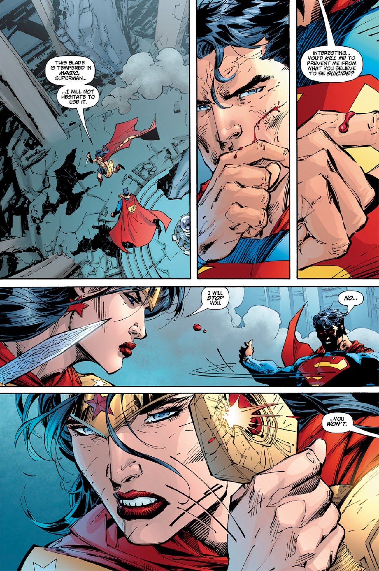 Superman Wonder Woman Comic Fight Throw Blood Droplet