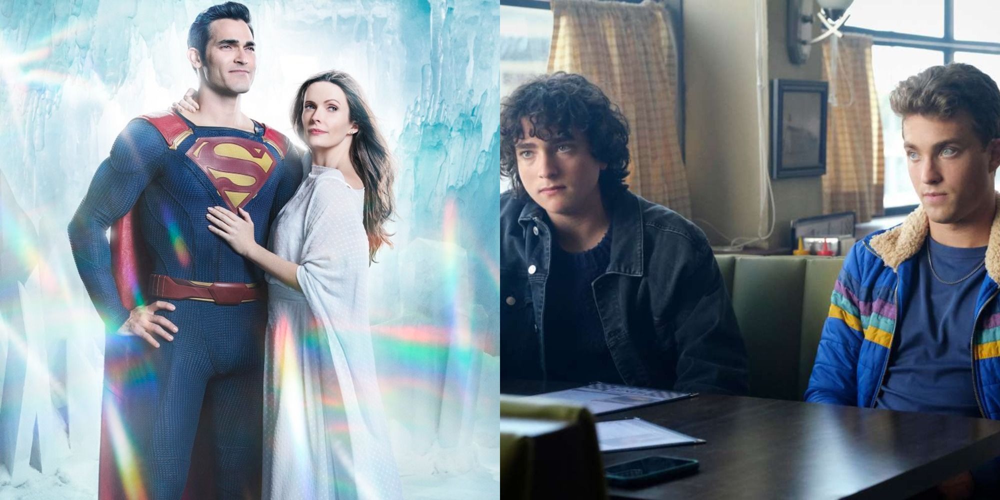 Split image showing Superman and Lois, and Jordan and Jonathan in Superman and Lois