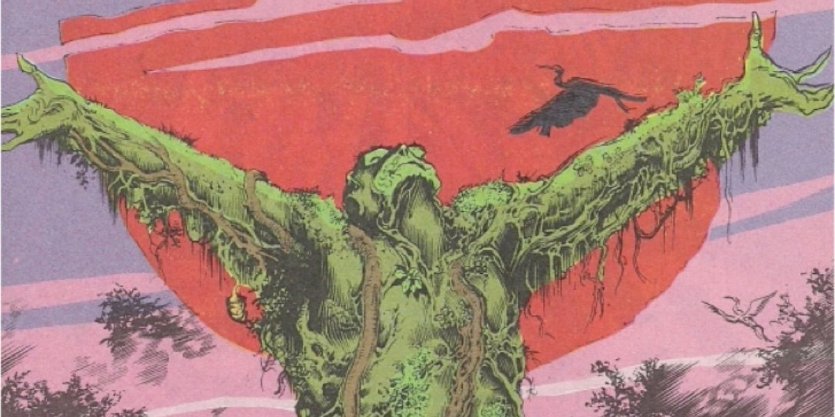 Monstro do Pântano posa em frente ao sol com os braços para cima from Saga of the Swamp Thing