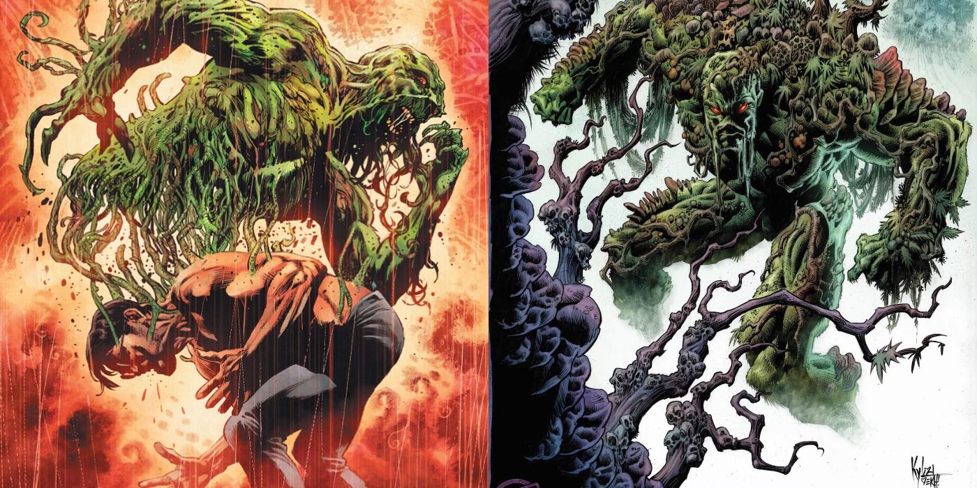 Split image of Levi Kamei becoming the next Swamp Thing and poised for action on a variant cover