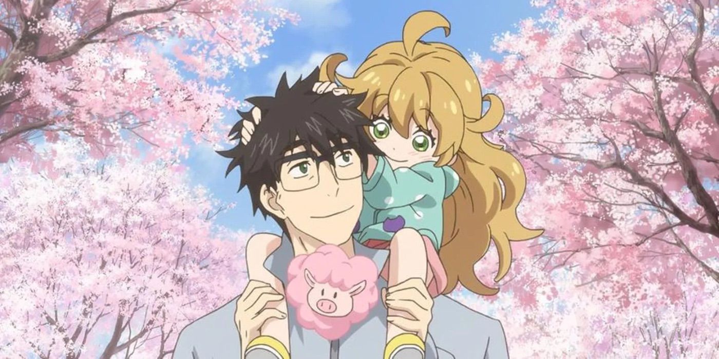 Cena do anime Sweetness And Lightning com um pai carregando uma garotinha nos ombros sob as flores de cerejeira.
