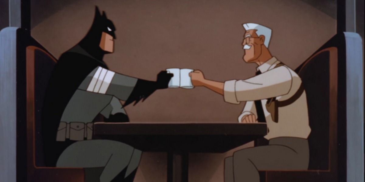 Batman and Commissioner Gordon having their traditional coffee in The New Batman Adventures
