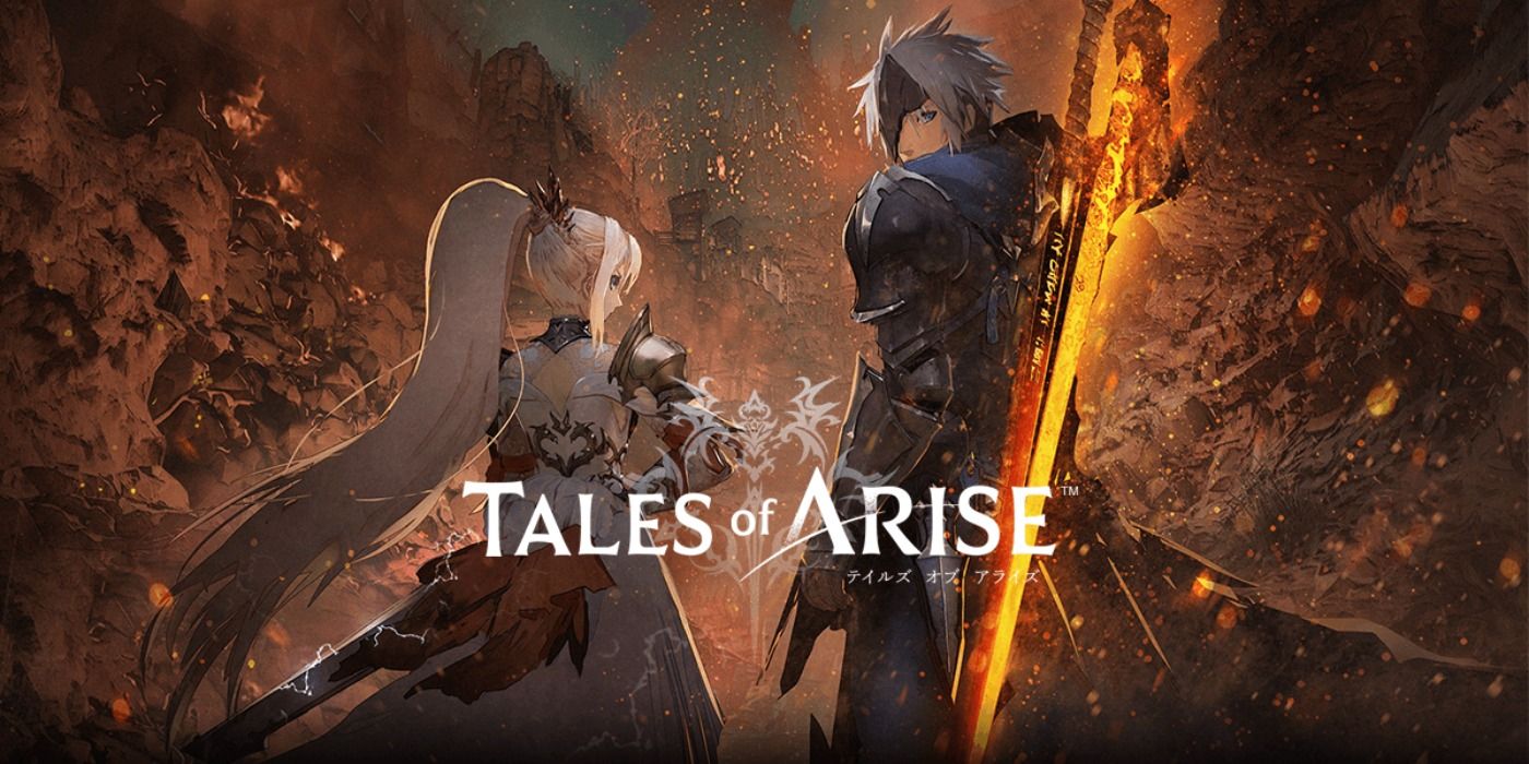 Tales of Arise promo art featuring Shionne and Alphen looking back with his sword on his back