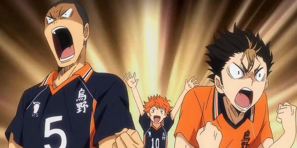 Tanaka and Nishinoya are screaming excitedly while Hinata is grinning in A smiling Asahi puts his hand on Nishinoya's shoulder in Haikyuu!!