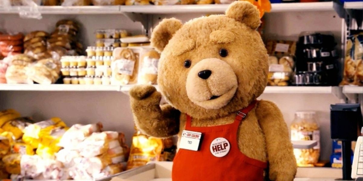 Ted the Teddy Bear working the checkout counter in Ted