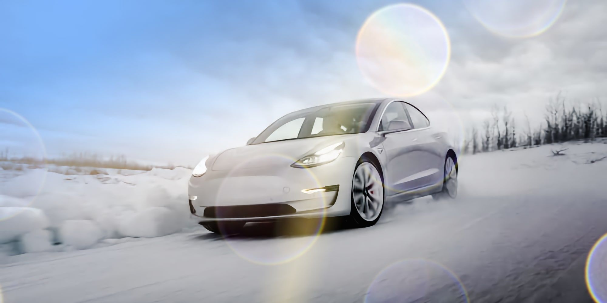 Tesla Model S Driving On Snowy Road Highway Winter Cold