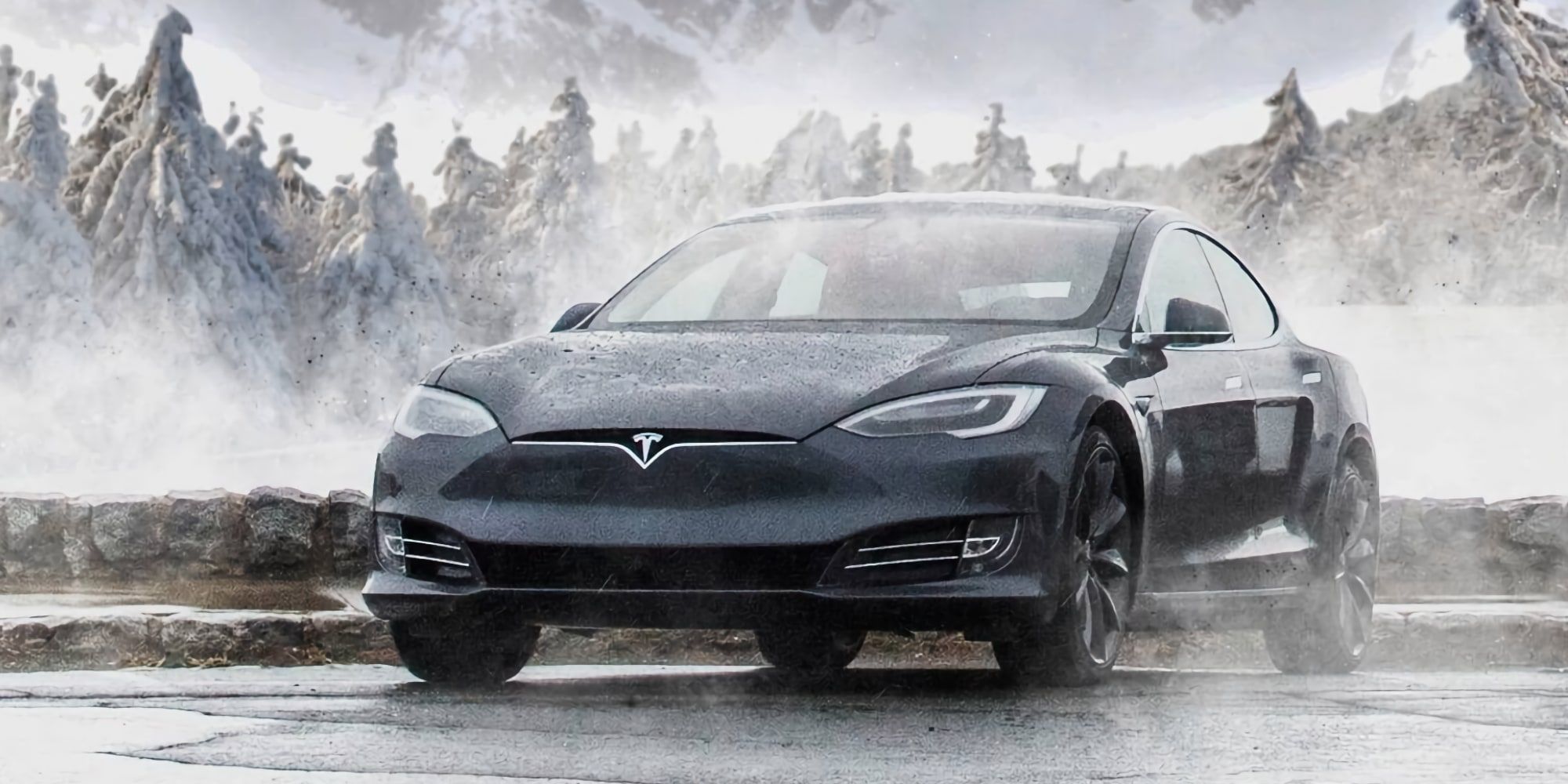 Tesla Model S In Cold Weather Winter Landscape