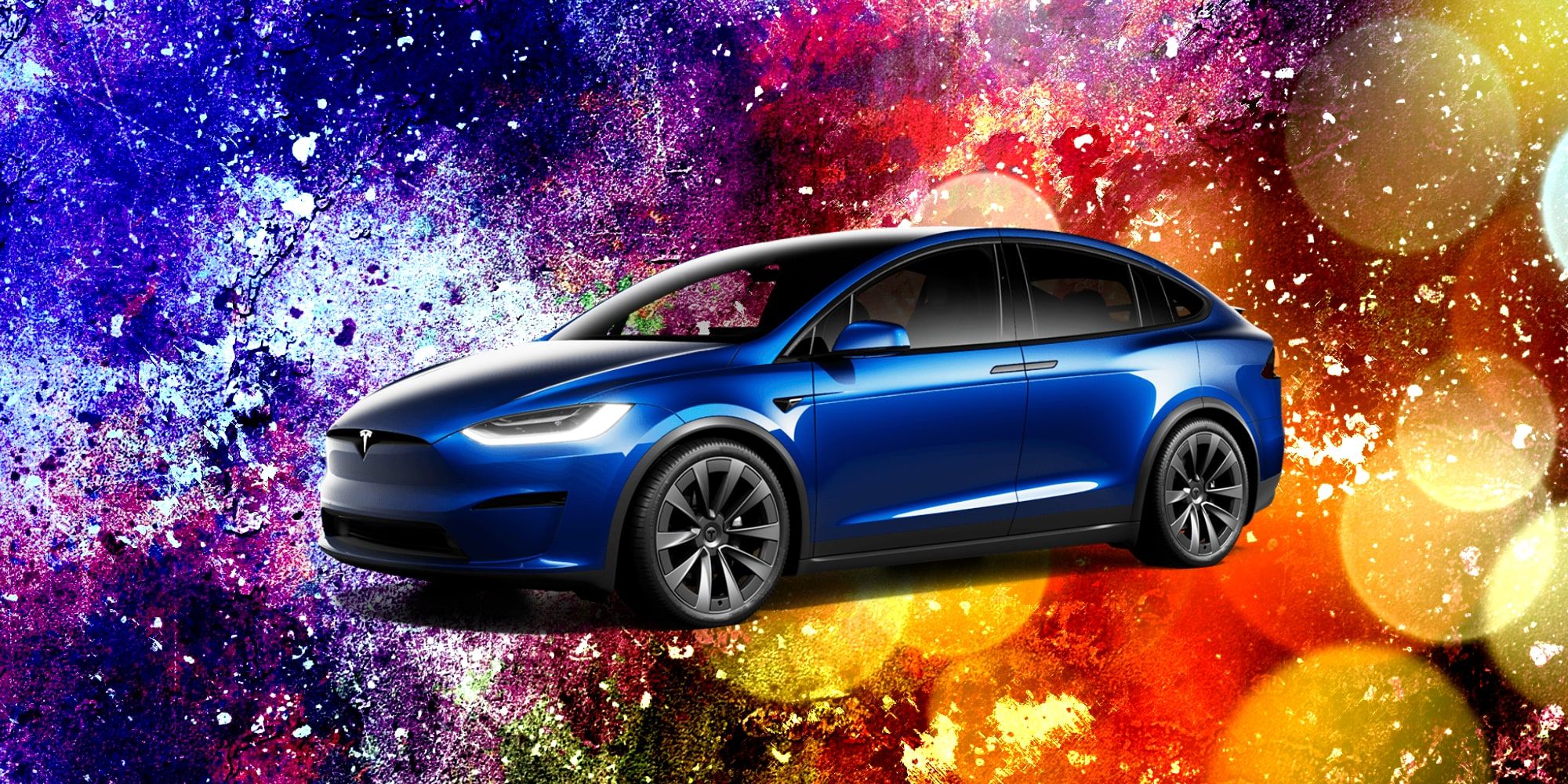 Tesla Model X Blue Over Celebration Confetti Grafitti Explosion